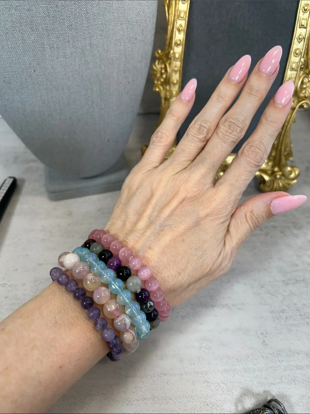 Stacked Pink and Multicolor Bead Stretch Bracelets - Glass & Stone